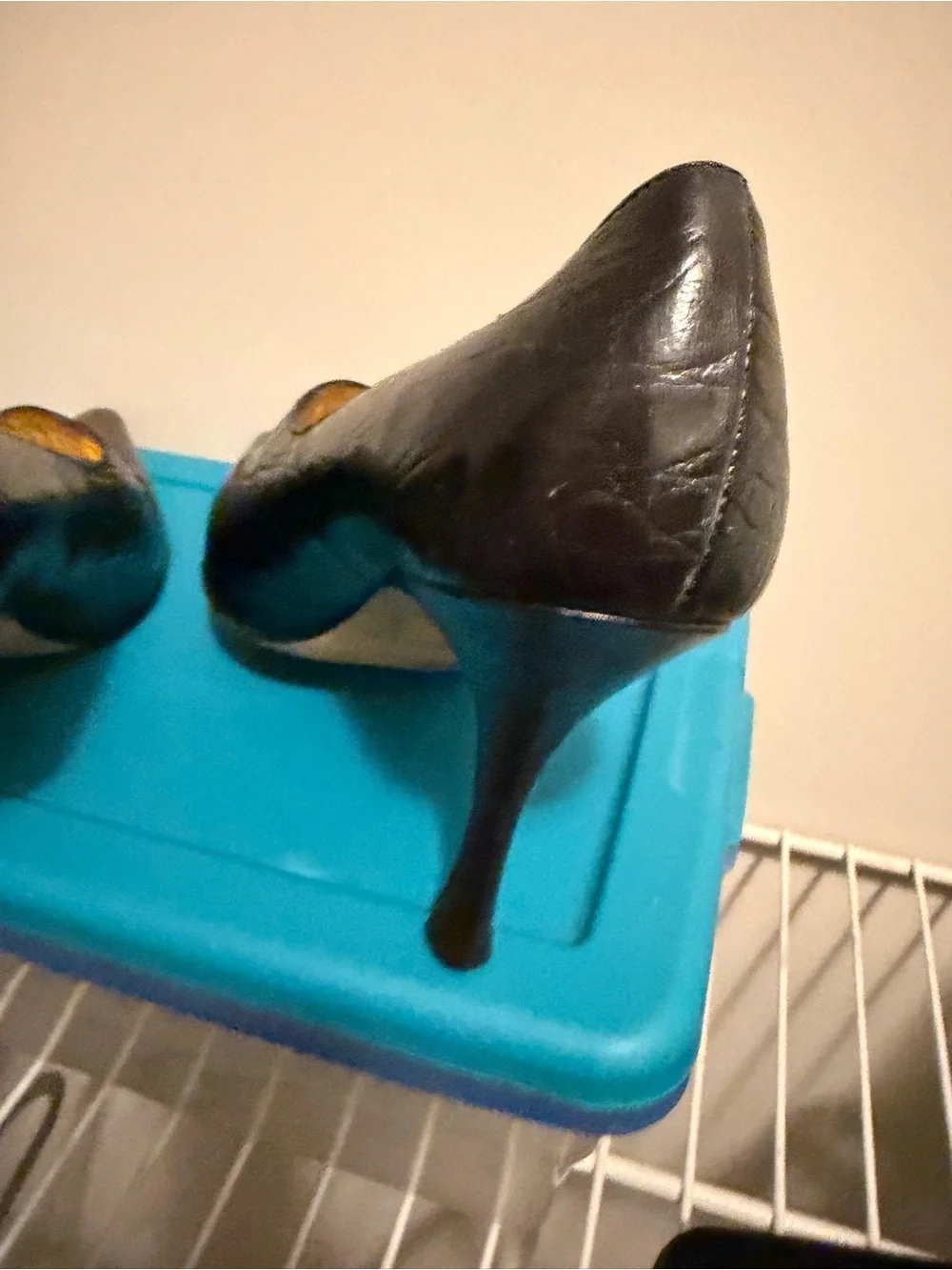 Black Croc-Embossed Pointed Mary Jane Heels with Gold Interior